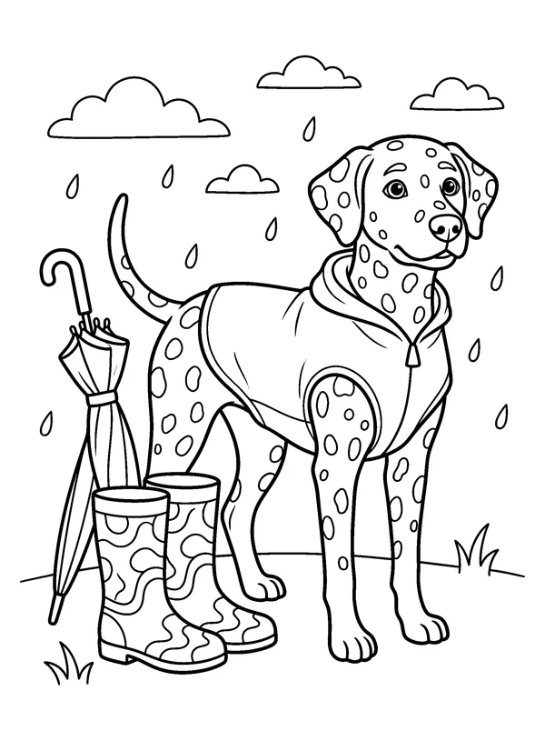 Dalmatian Rain Walk — printable black-and-white coloring sheet
