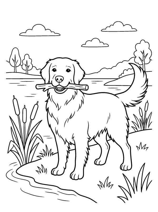 Retriever by the Lake — printable black-and-white coloring sheet
