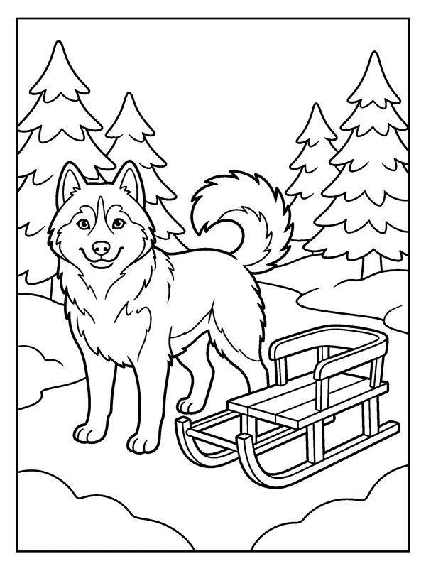 Husky beside the Sled — printable black-and-white coloring sheet