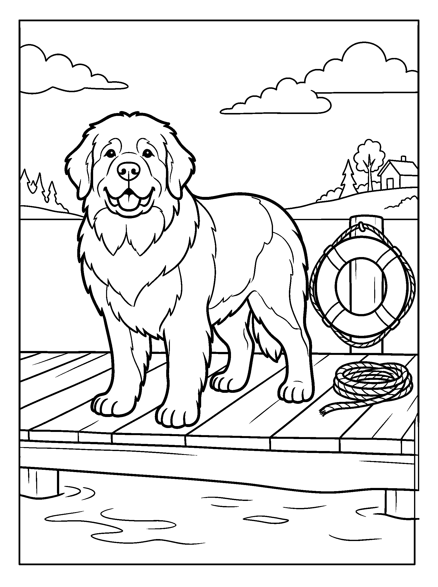 Newfoundland at the Dock — full black-and-white printable coloring page