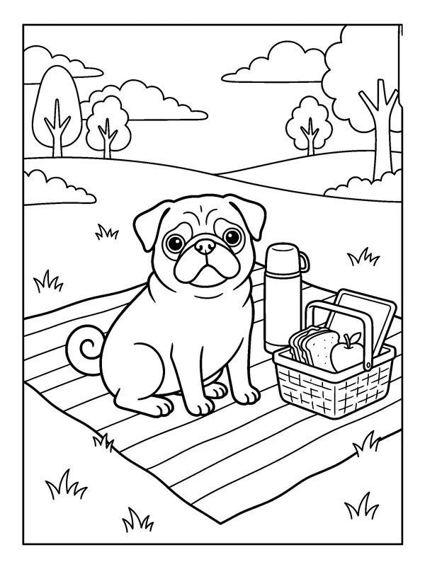 Pug Picnic — printable black-and-white coloring sheet