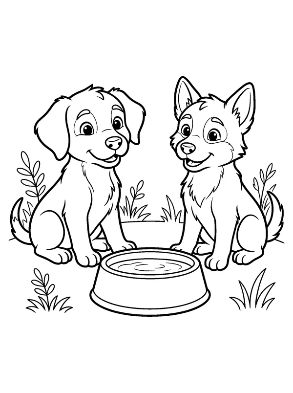 Puppies at the Water Bowl — printable black-and-white coloring sheet