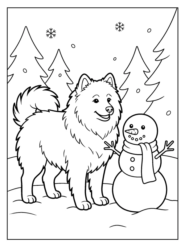 Samoyed Snow Day — printable black-and-white coloring sheet