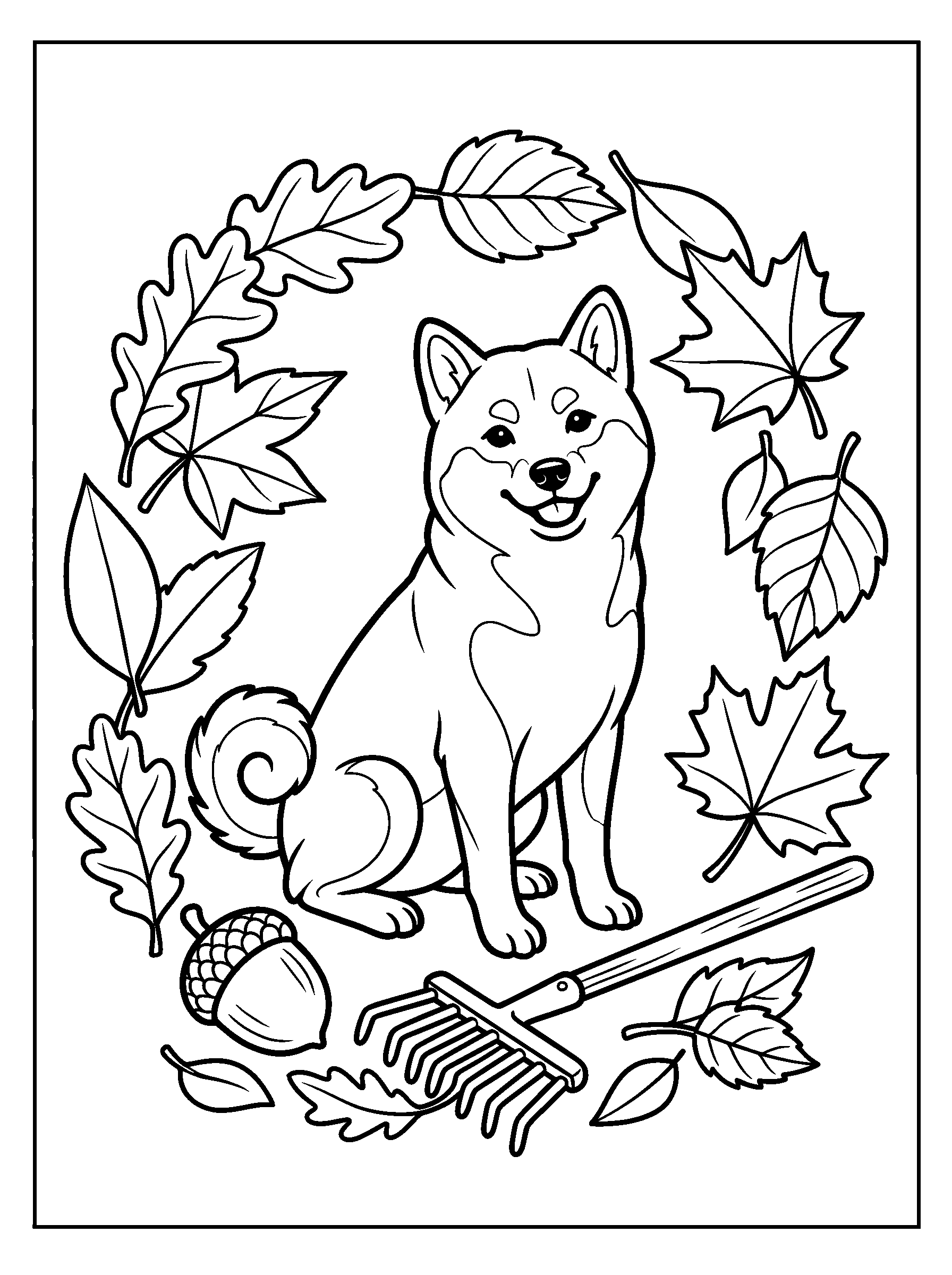 Shiba in the Leaves — full black-and-white printable coloring page