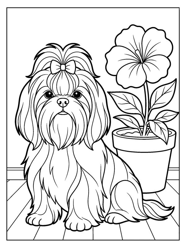Shih Tzu Flower Bow — printable black-and-white coloring sheet