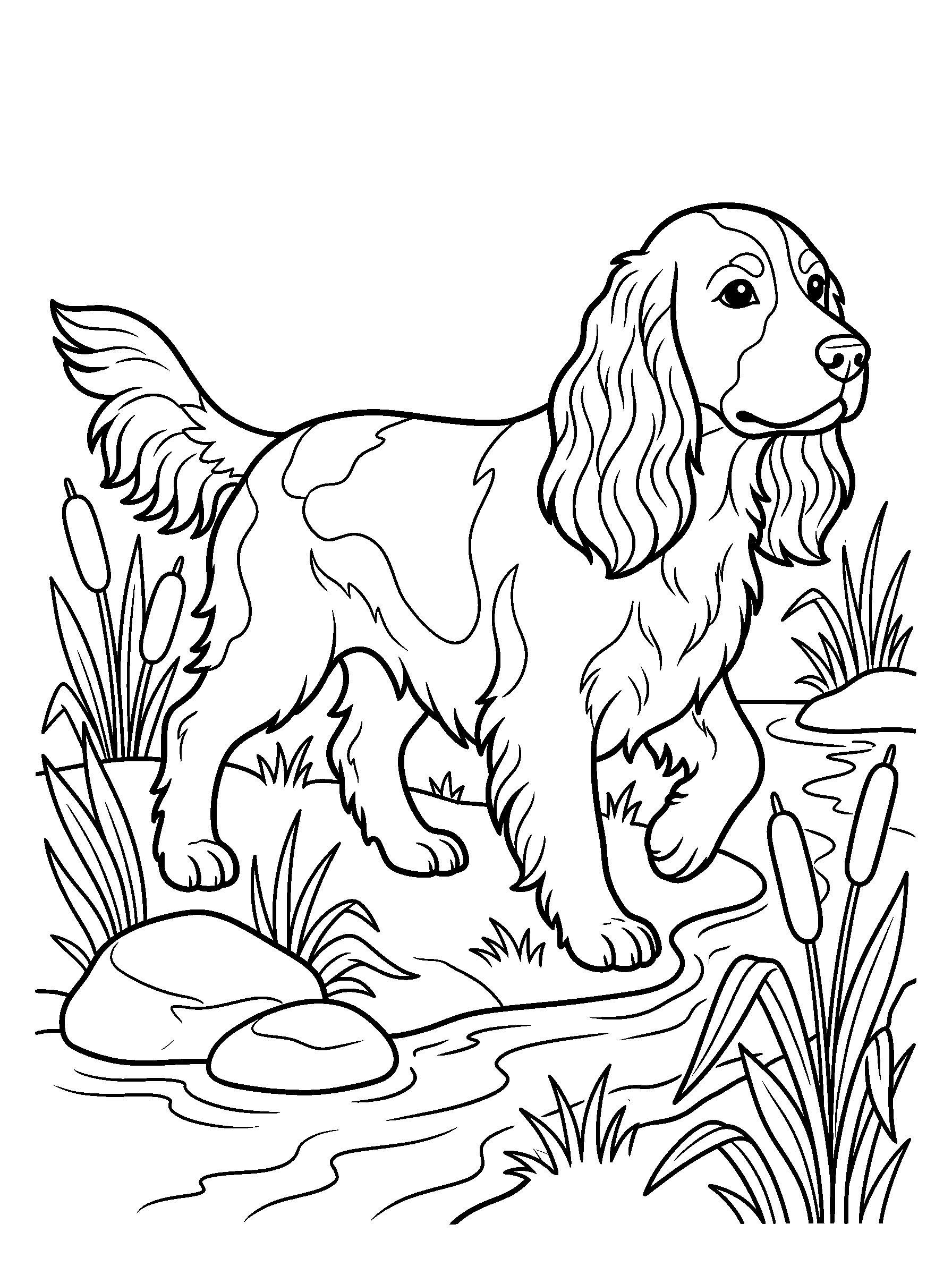 Spaniel Creek Walk — full black-and-white printable coloring page