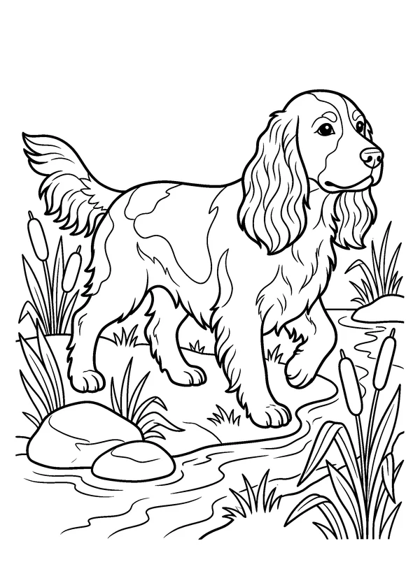 Spaniel Creek Walk — printable black-and-white coloring sheet