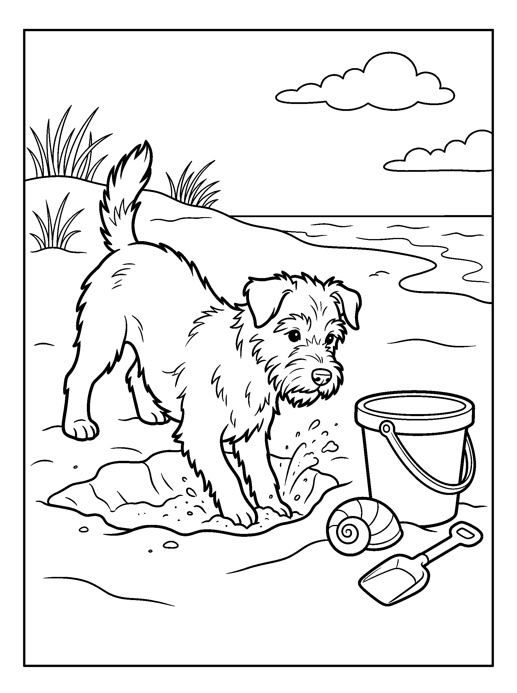 Terrier Sand Dig — full black-and-white printable coloring page
