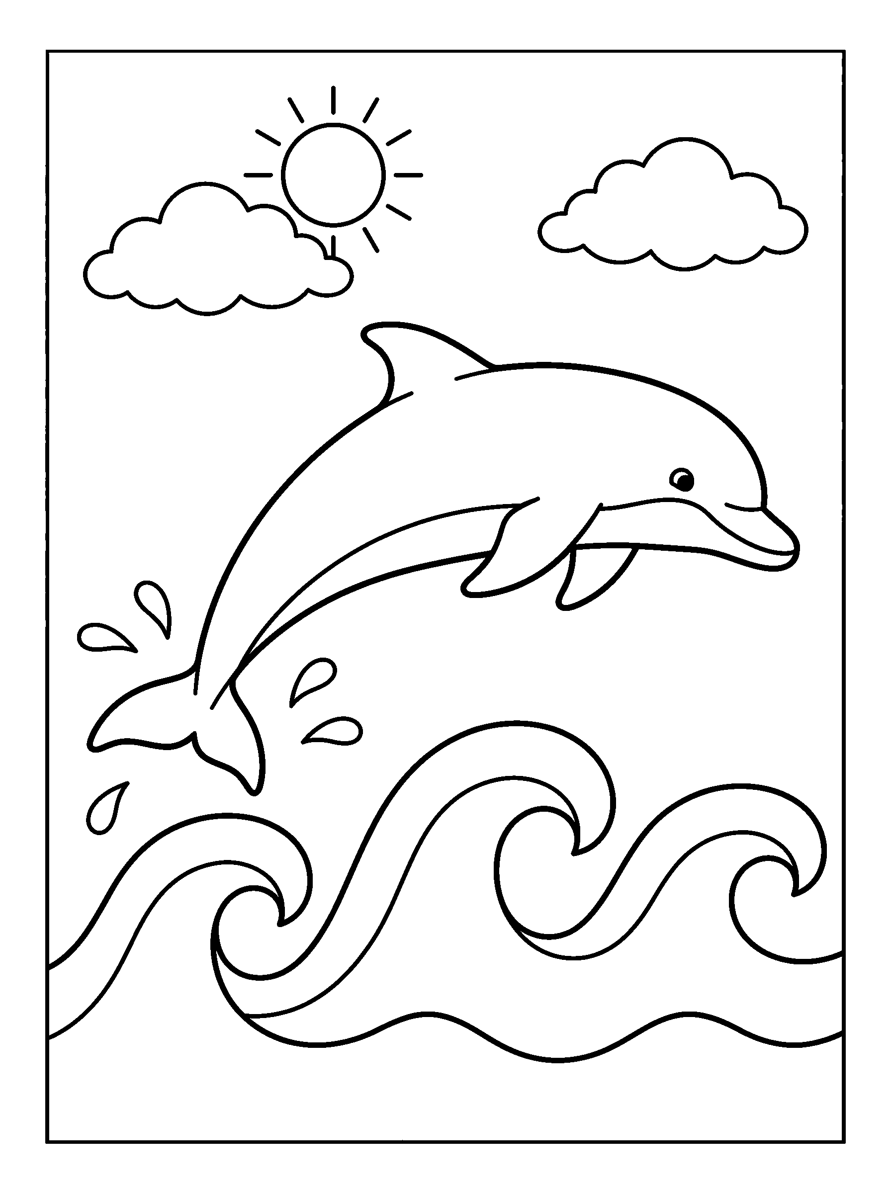 Dolphin and Waves — full black-and-white printable coloring page