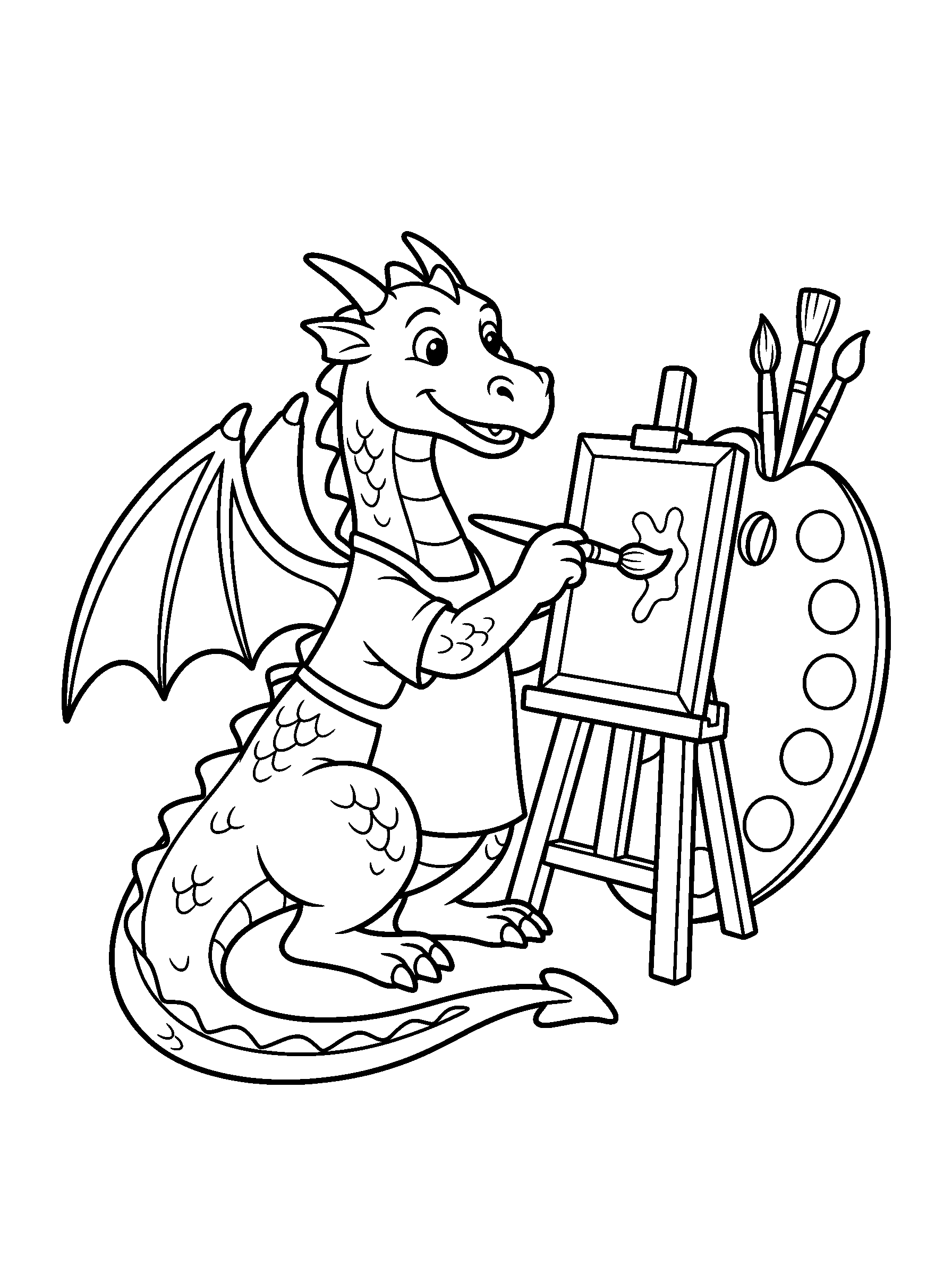 Artist Dragon — full black-and-white printable coloring page