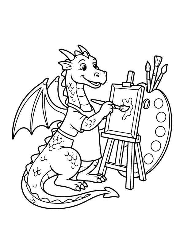 Artist Dragon — printable black-and-white coloring sheet