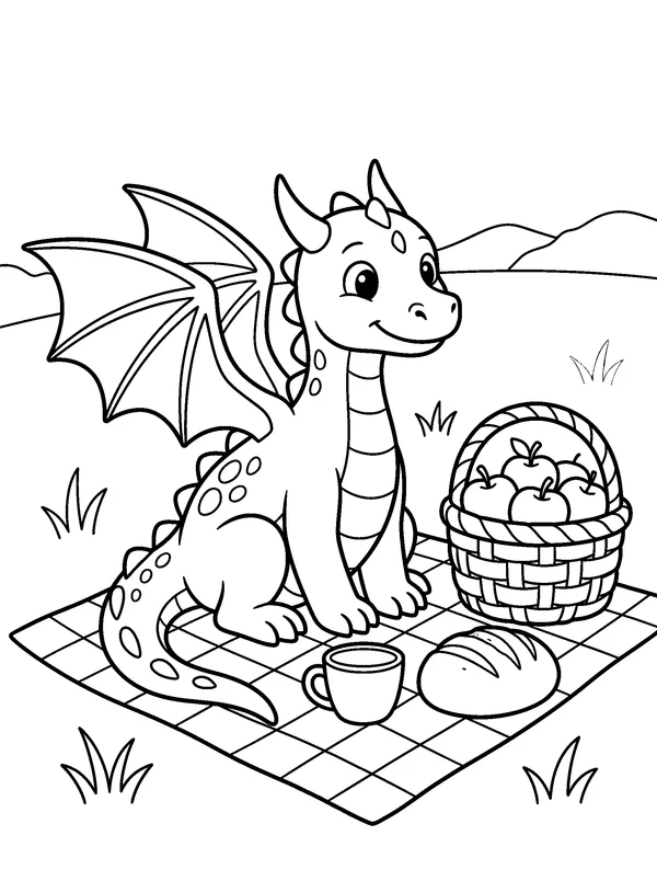 Baby Dragon Picnic — printable black-and-white coloring sheet