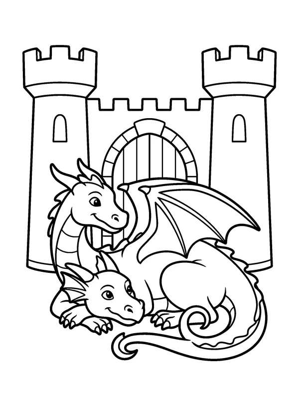 Castle Dragon — printable black-and-white coloring sheet