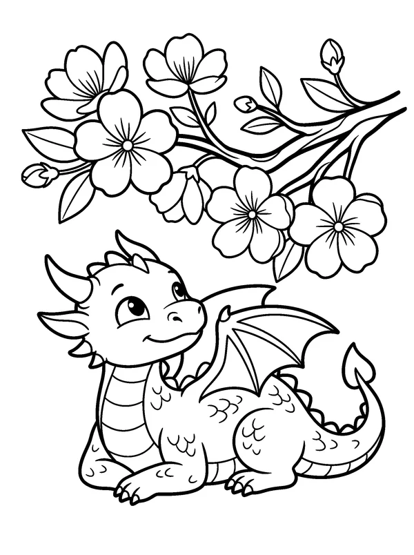 Cherry Blossom Dragon — printable black-and-white coloring sheet