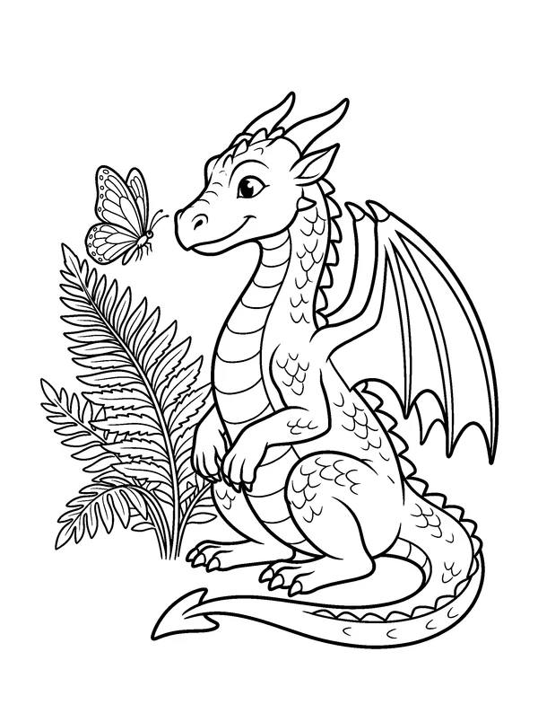 Dragon and Butterfly — printable black-and-white coloring sheet