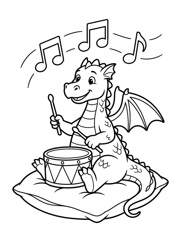 Dragon Music Lesson — printable black-and-white coloring sheet