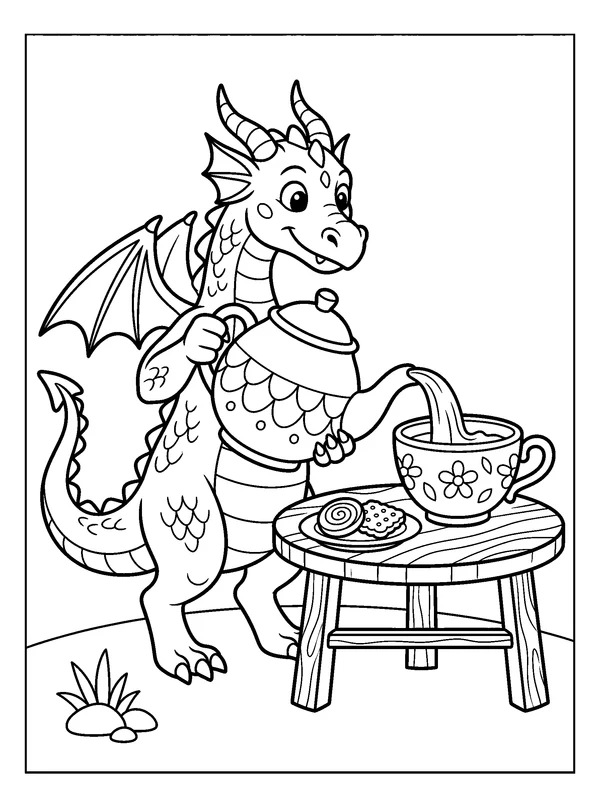 Dragon Tea Time — printable black-and-white coloring sheet