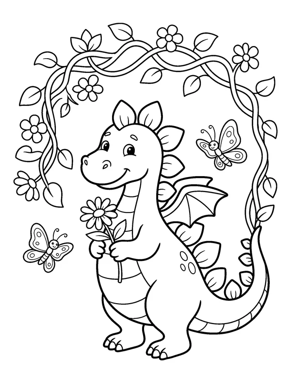 Flower Dragon — printable black-and-white coloring sheet