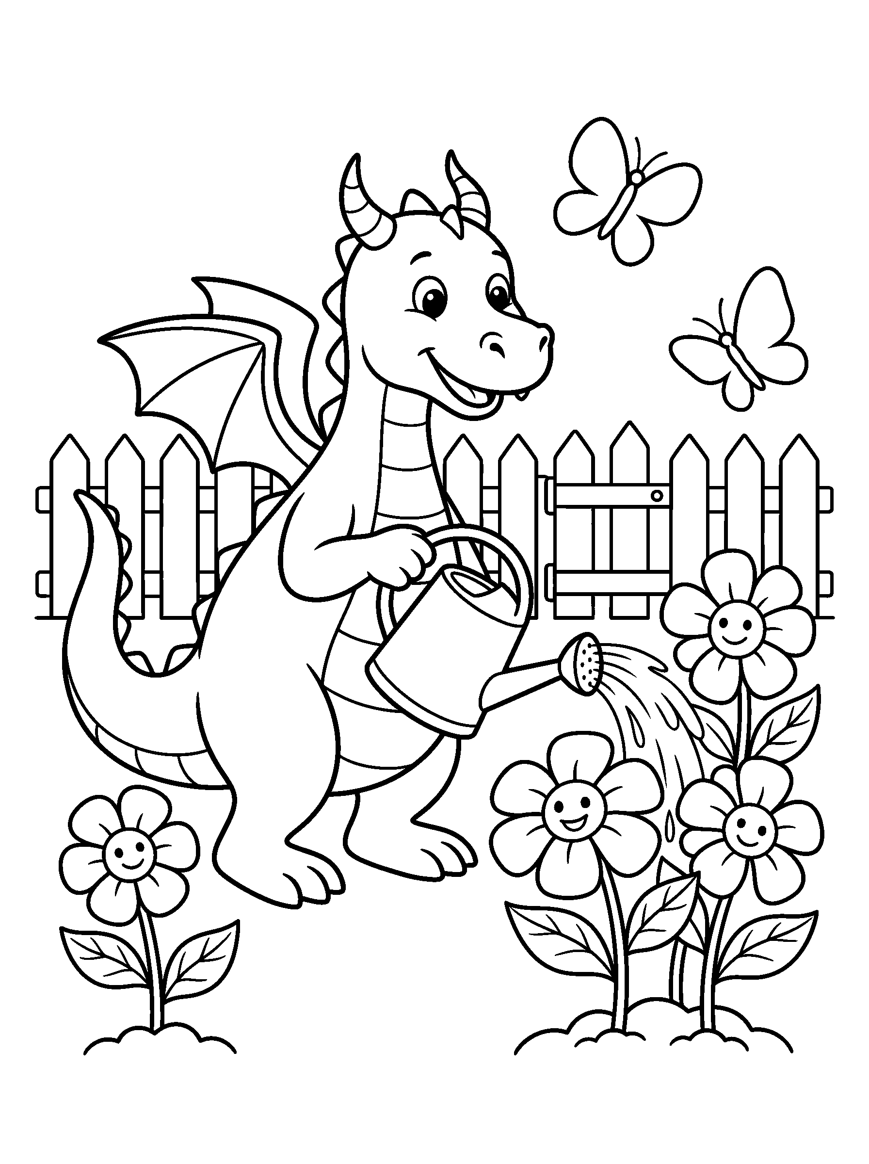 Garden Dragon — full black-and-white printable coloring page