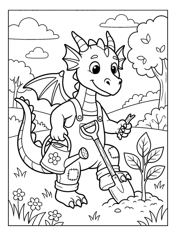 Gardener Dragon — printable black-and-white coloring sheet