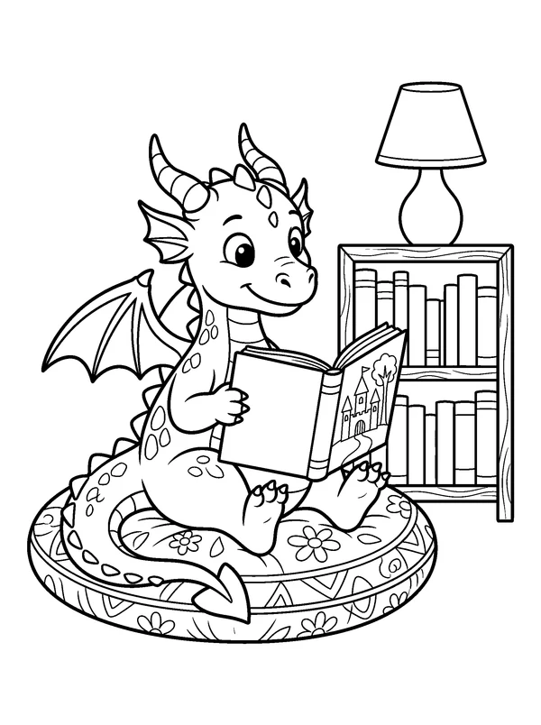 Library Dragon — printable black-and-white coloring sheet