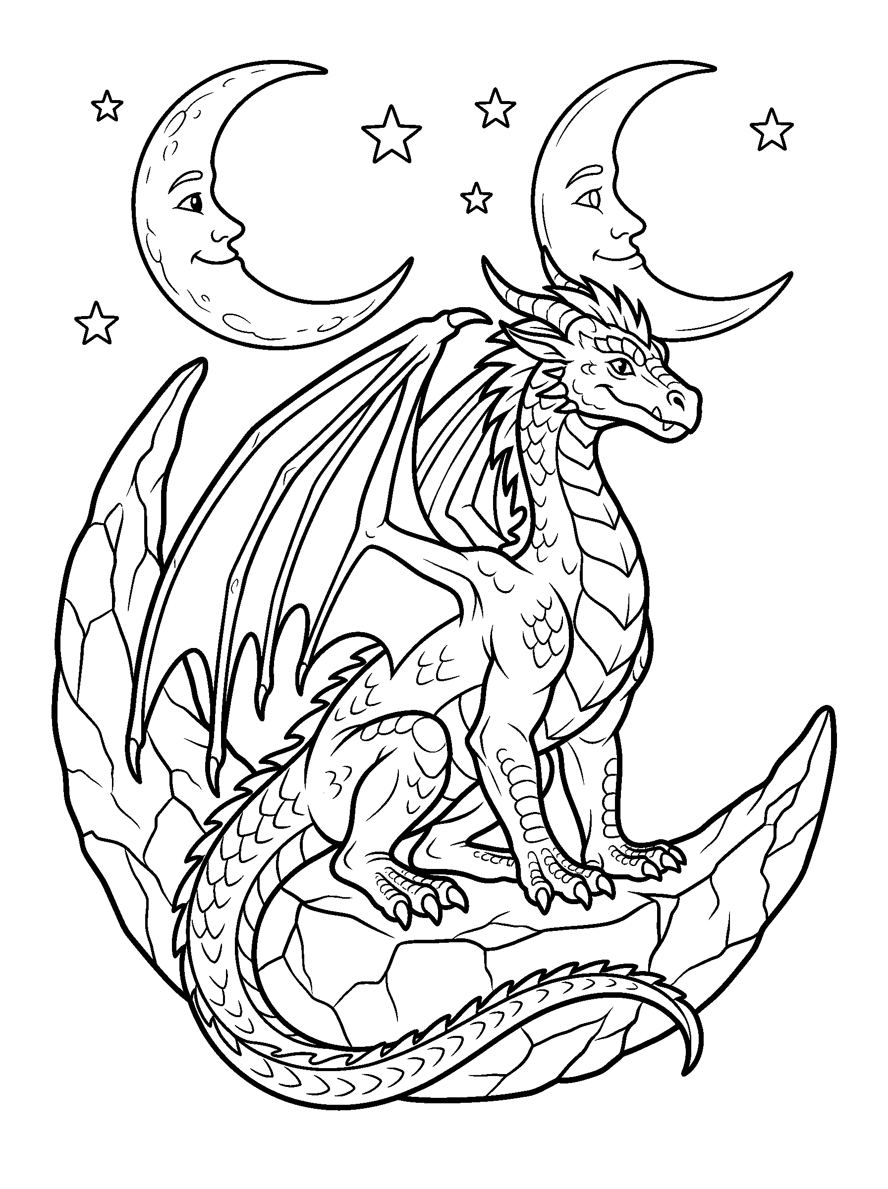 Moon Dragon — full black-and-white printable coloring page