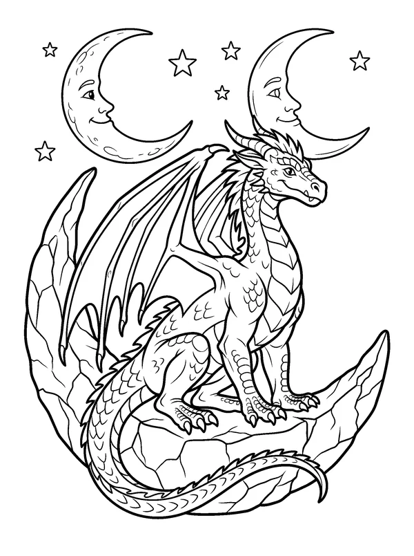 Moon Dragon — printable black-and-white coloring sheet
