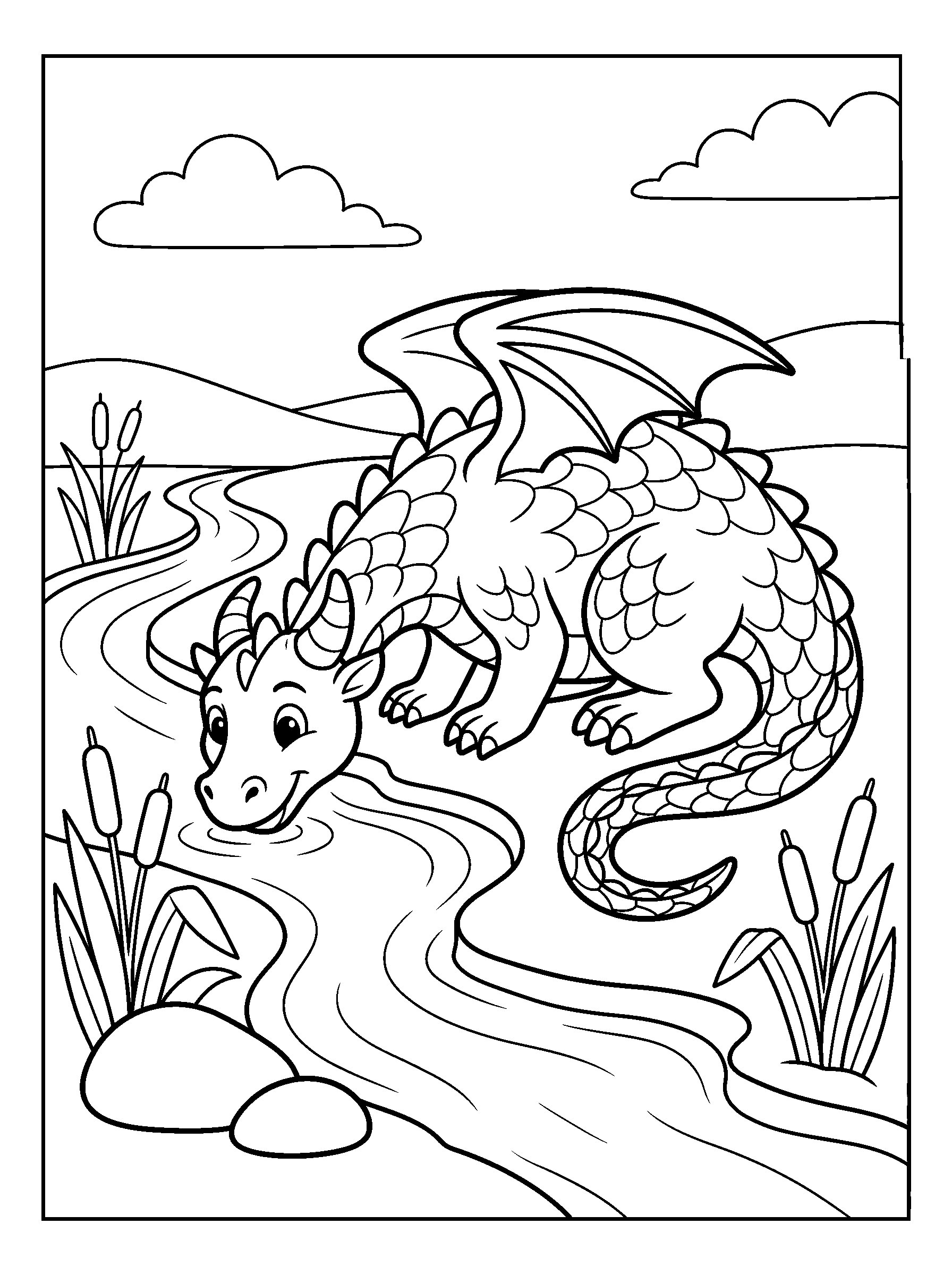 River Dragon — full black-and-white printable coloring page