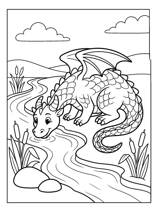 River Dragon — printable black-and-white coloring sheet