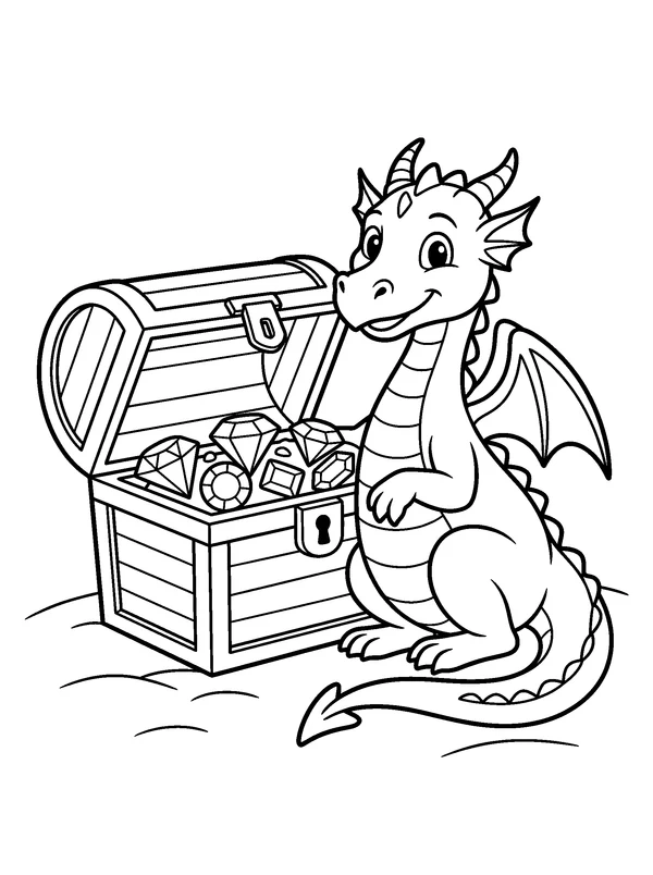 Treasure Dragon — printable black-and-white coloring sheet