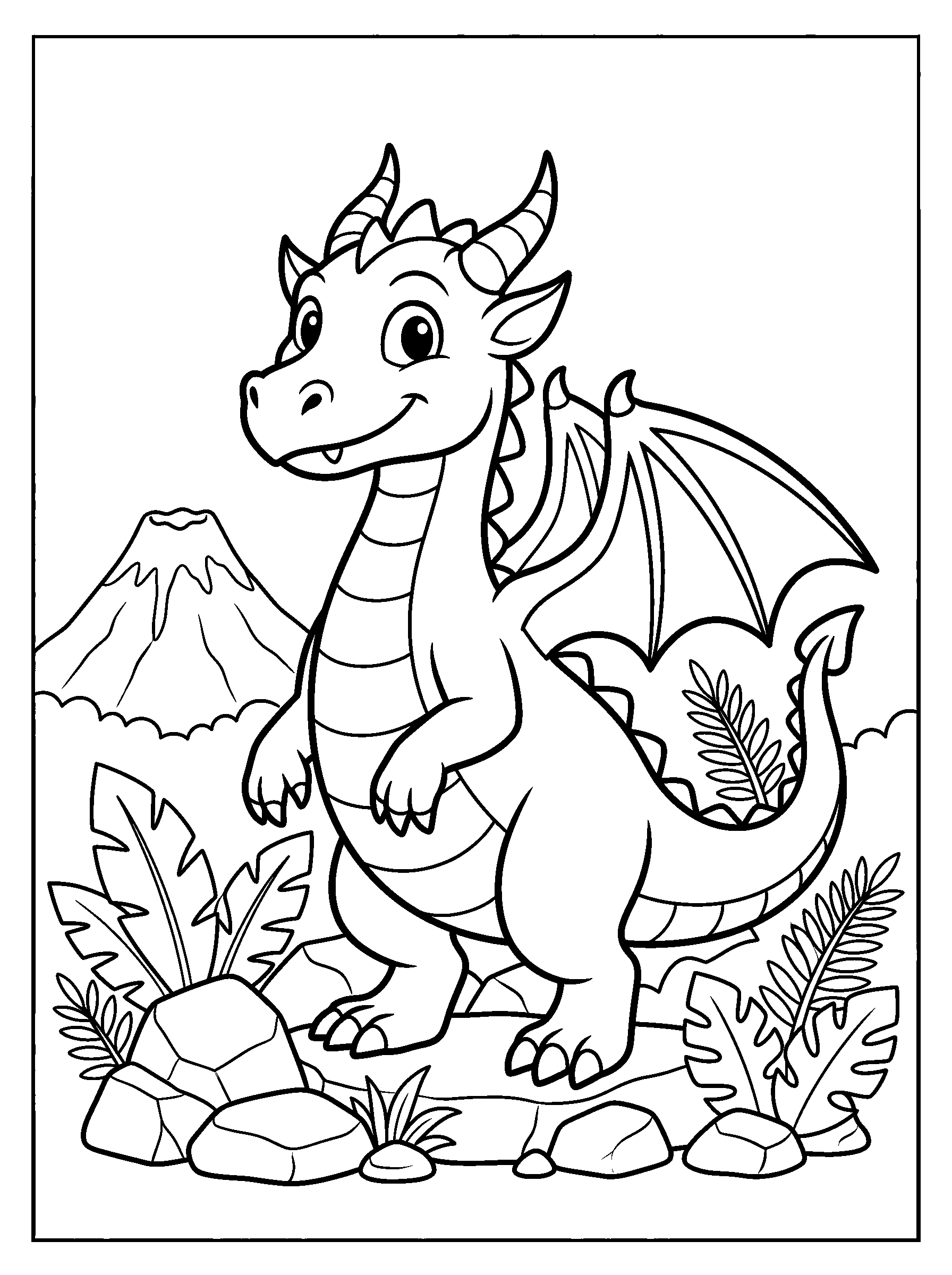 Volcano Dragon — full black-and-white printable coloring page