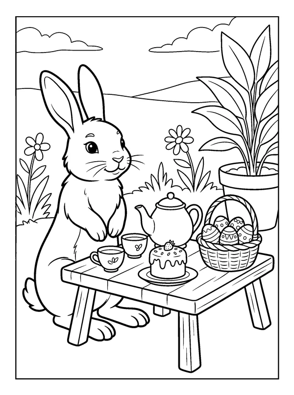 Bunny at an Easter Tea Table — printable black-and-white coloring sheet