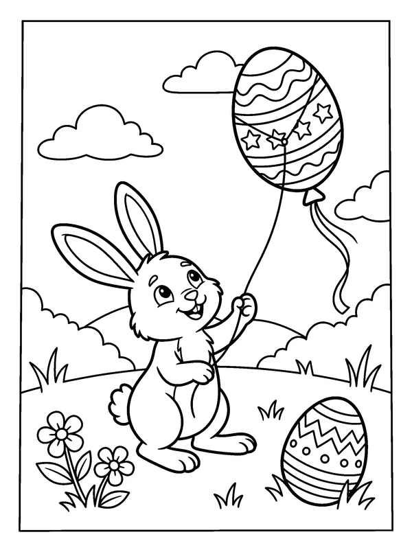 Bunny Flying an Easter Kite — printable black-and-white coloring sheet
