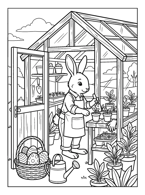 Bunny in the Spring Greenhouse — printable black-and-white coloring sheet