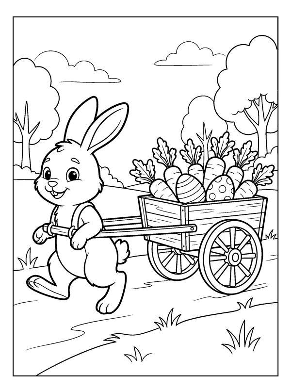 Bunny Pulling a Carrot Cart — printable black-and-white coloring sheet