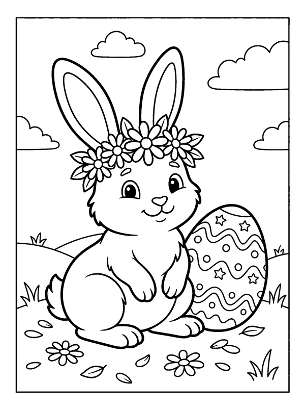 Bunny Wearing a Flower Crown — printable black-and-white coloring sheet