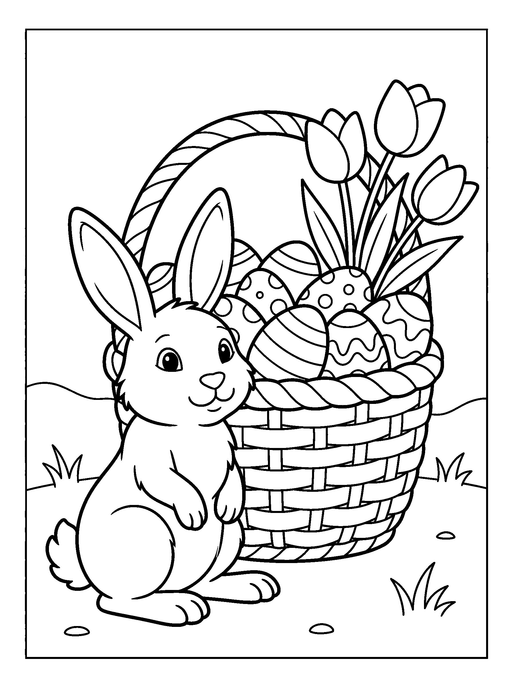 Bunny with an Easter Basket — full black-and-white printable coloring page