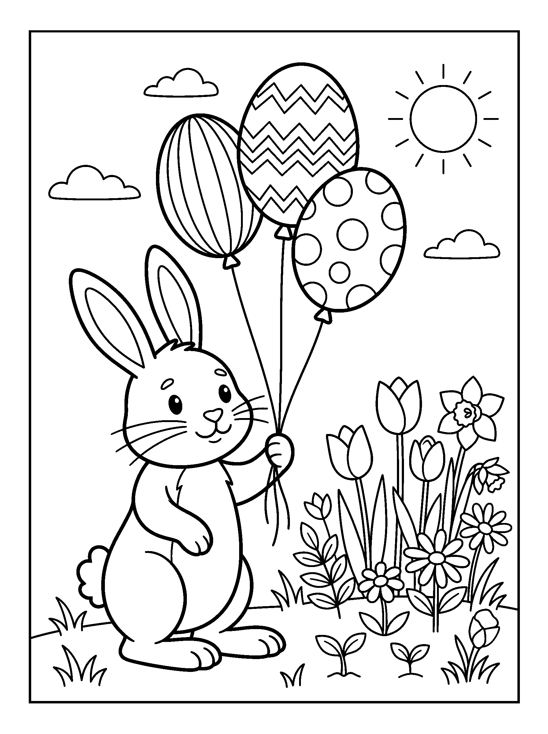 Bunny with Egg-Shaped Balloons — full black-and-white printable coloring page