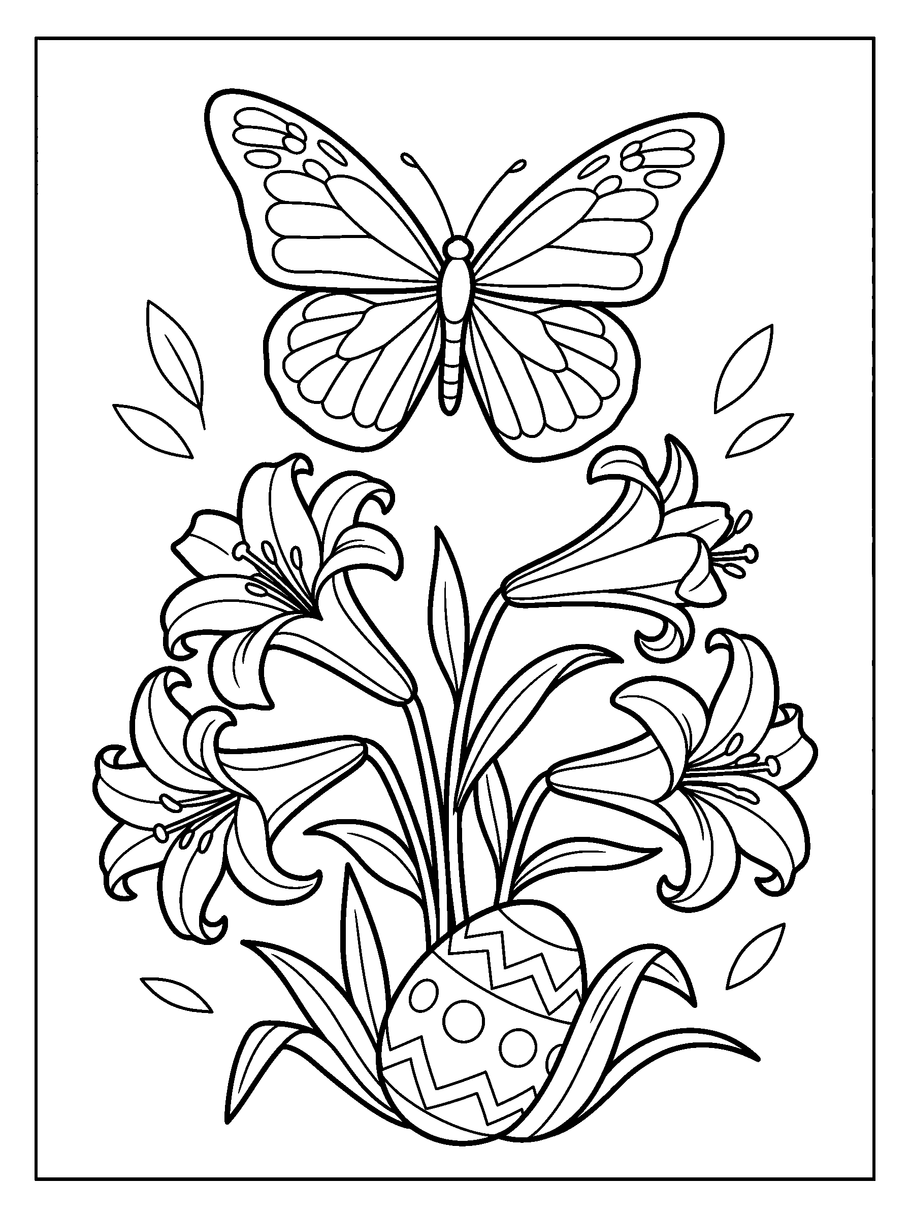 Butterfly Over the Lily Garden — full black-and-white printable coloring page