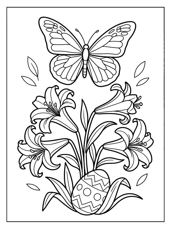 Butterfly Over the Lily Garden — printable black-and-white coloring sheet
