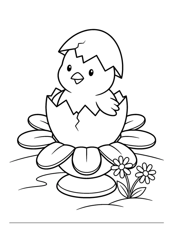 Chick in a Flower Egg Cup — printable black-and-white coloring sheet
