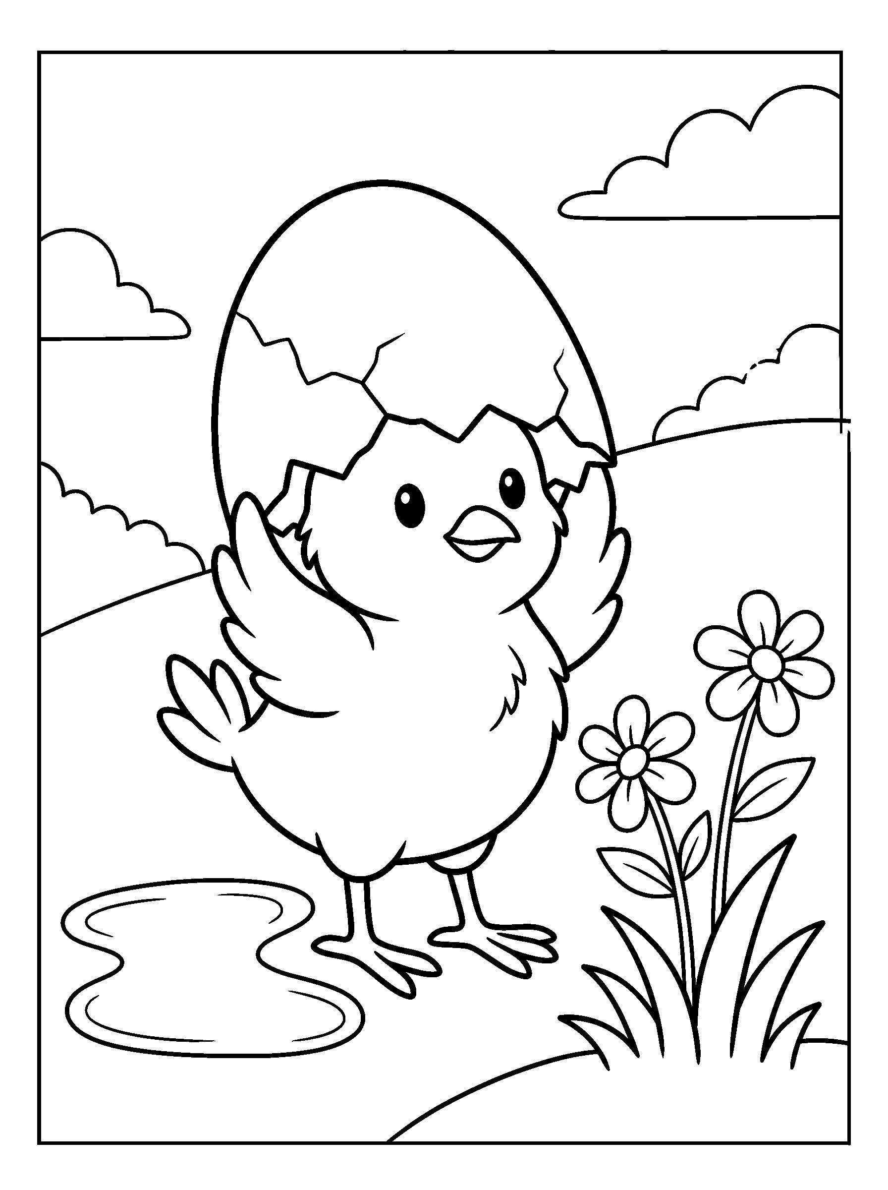 Chick with an Eggshell Umbrella — full black-and-white printable coloring page