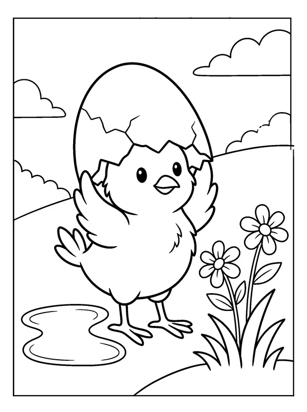 Chick with an Eggshell Umbrella — printable black-and-white coloring sheet