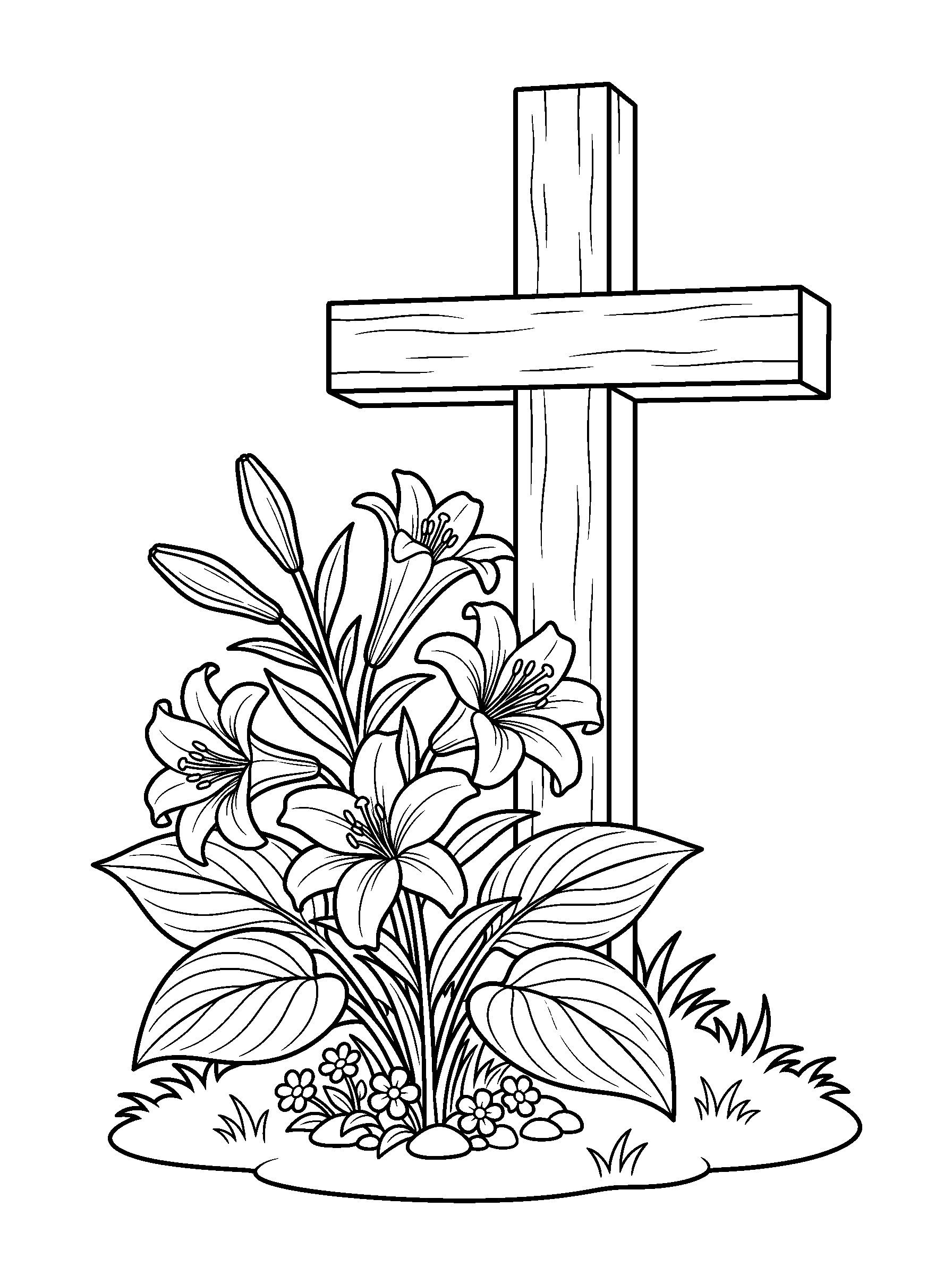 Cross with Easter Lilies — full black-and-white printable coloring page
