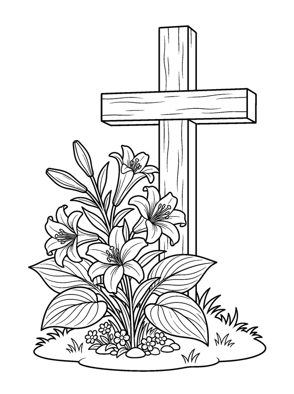 Cross with Easter Lilies — printable black-and-white coloring sheet