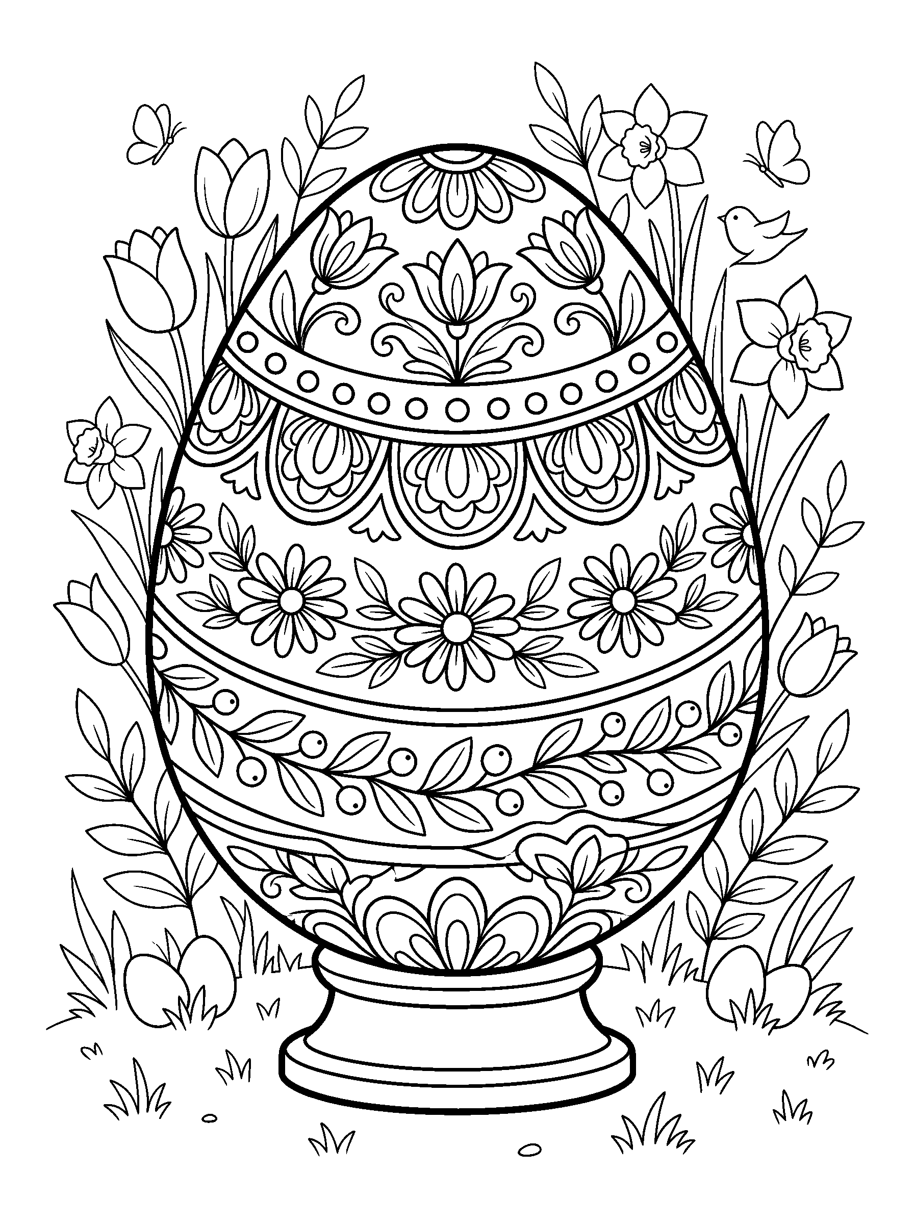 Decorative Easter Egg on a Stand — full black-and-white printable coloring page