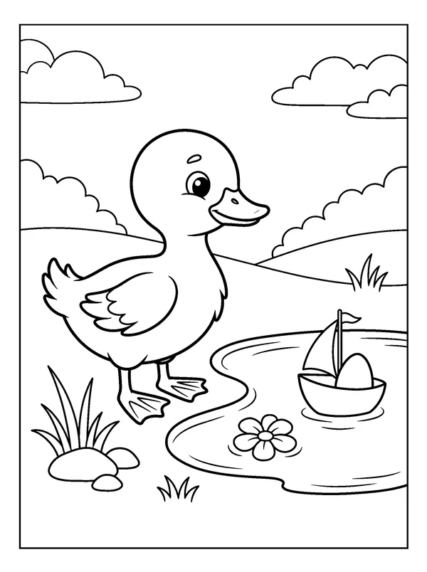 Duckling at the Easter Puddle — printable black-and-white coloring sheet