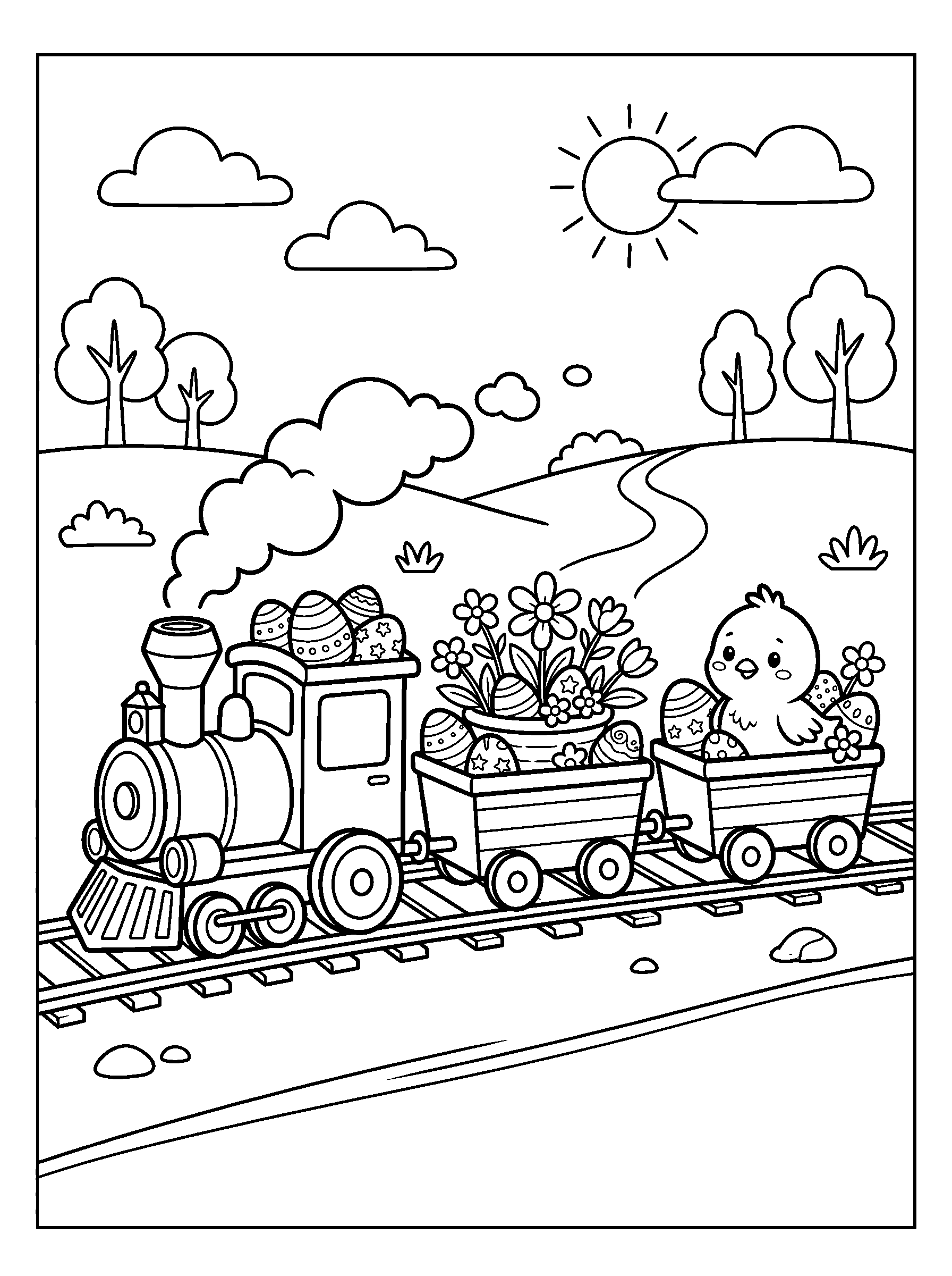 Easter Basket Toy Train — full black-and-white printable coloring page