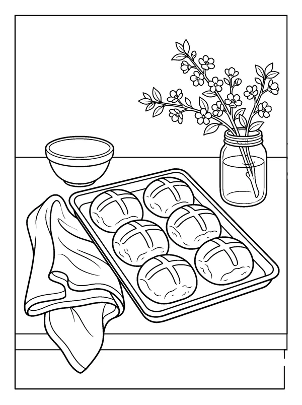 Easter Buns on a Kitchen Tray — printable black-and-white coloring sheet