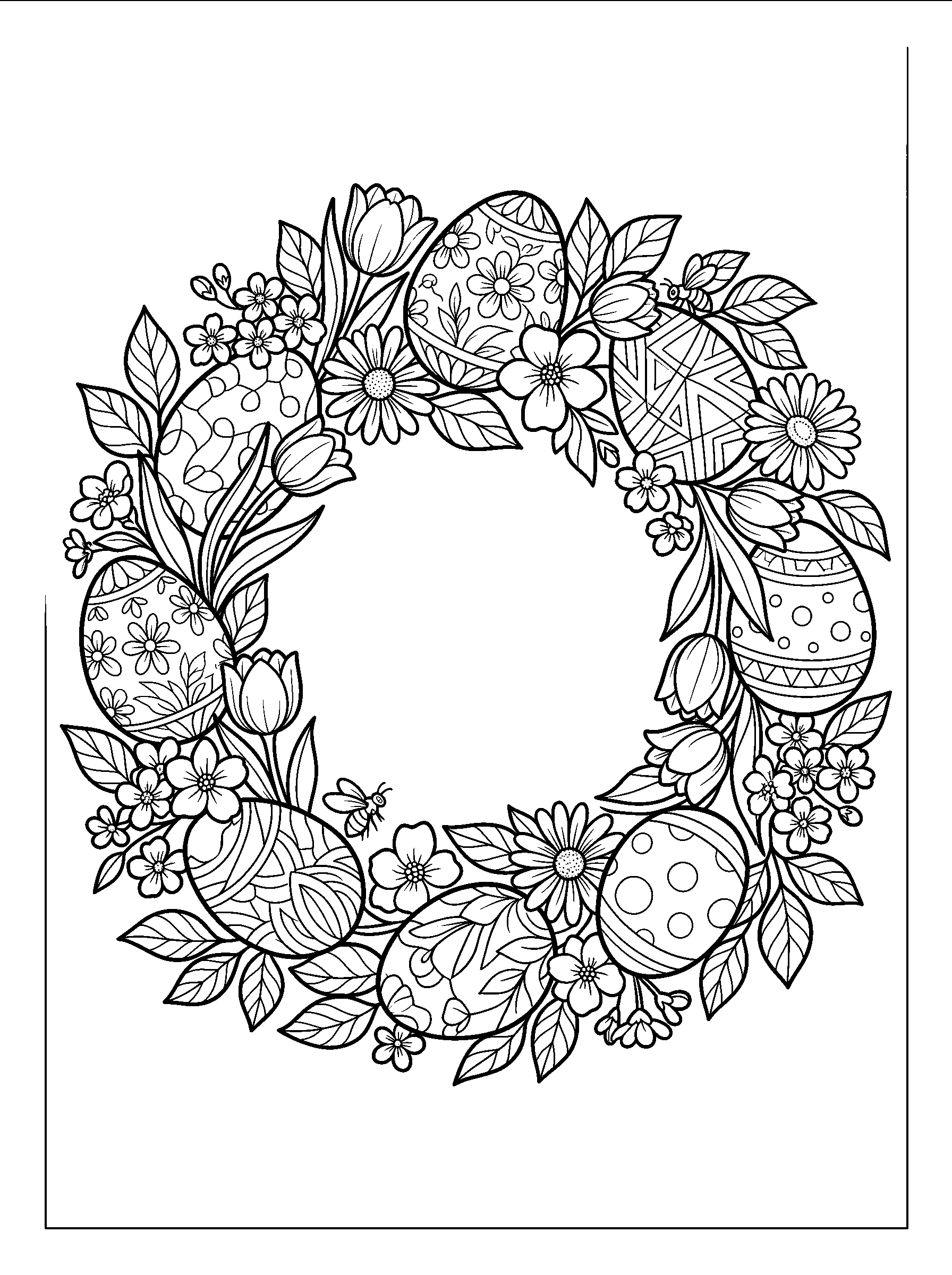 Easter Egg and Blossom Wreath — full black-and-white printable coloring page